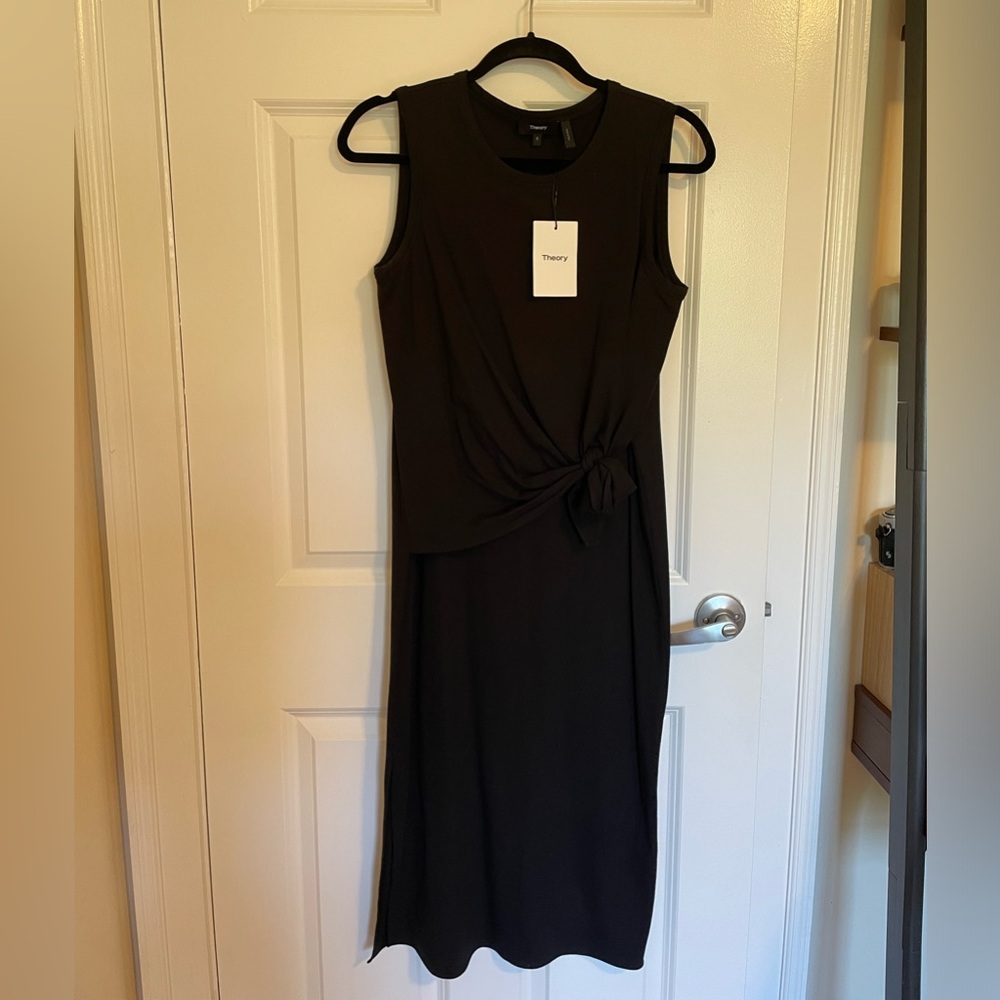 Theory Sleeveless Black Midi Dress with Knot Detail